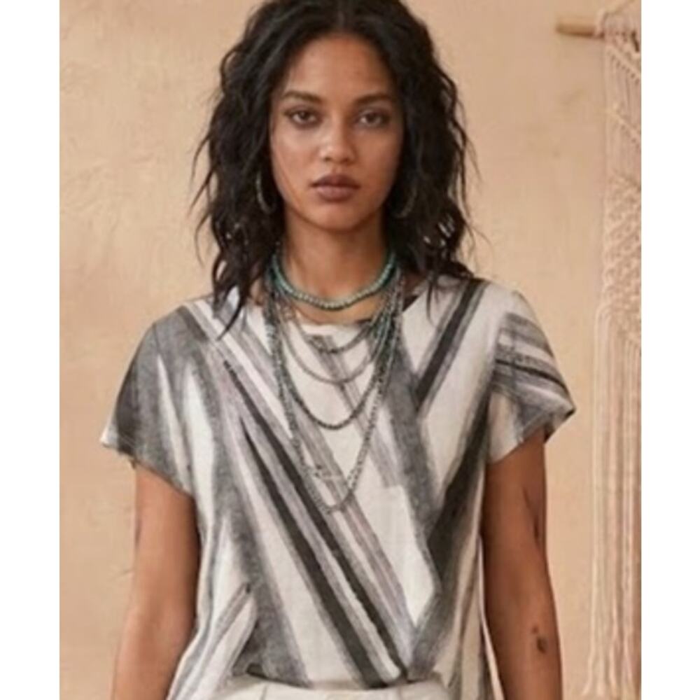 Womens Patchwork Top Short Sleeve T-Shirt Boho Punk Relaxed Mermaid Hem Size M